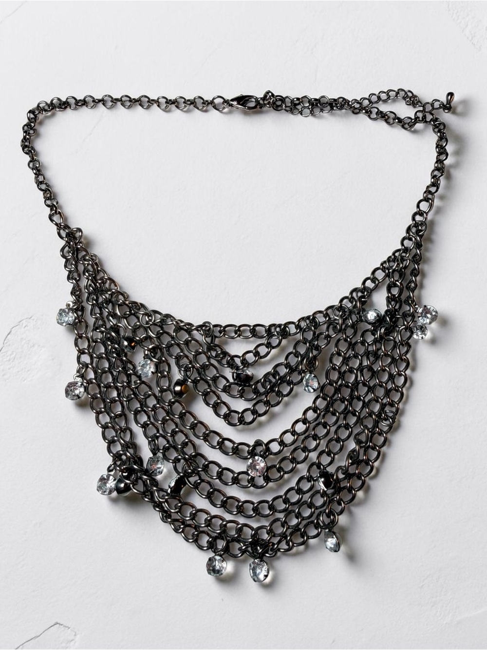 Gunmetal Multi-Row Chain Necklace with Clear Crystal Drops